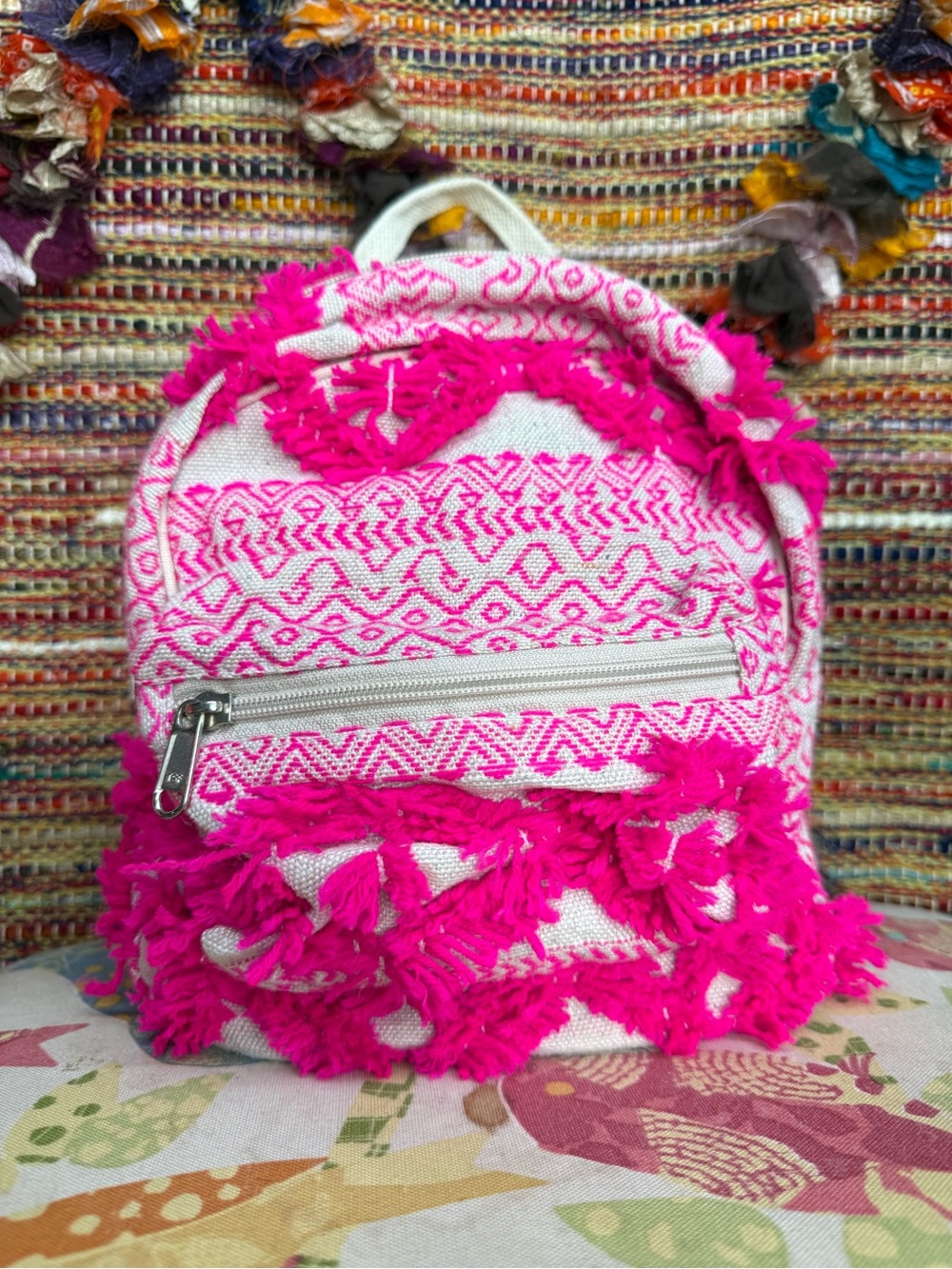 Bright Magenta Pink Patterned Tassel Mini Backpack Boho made in India